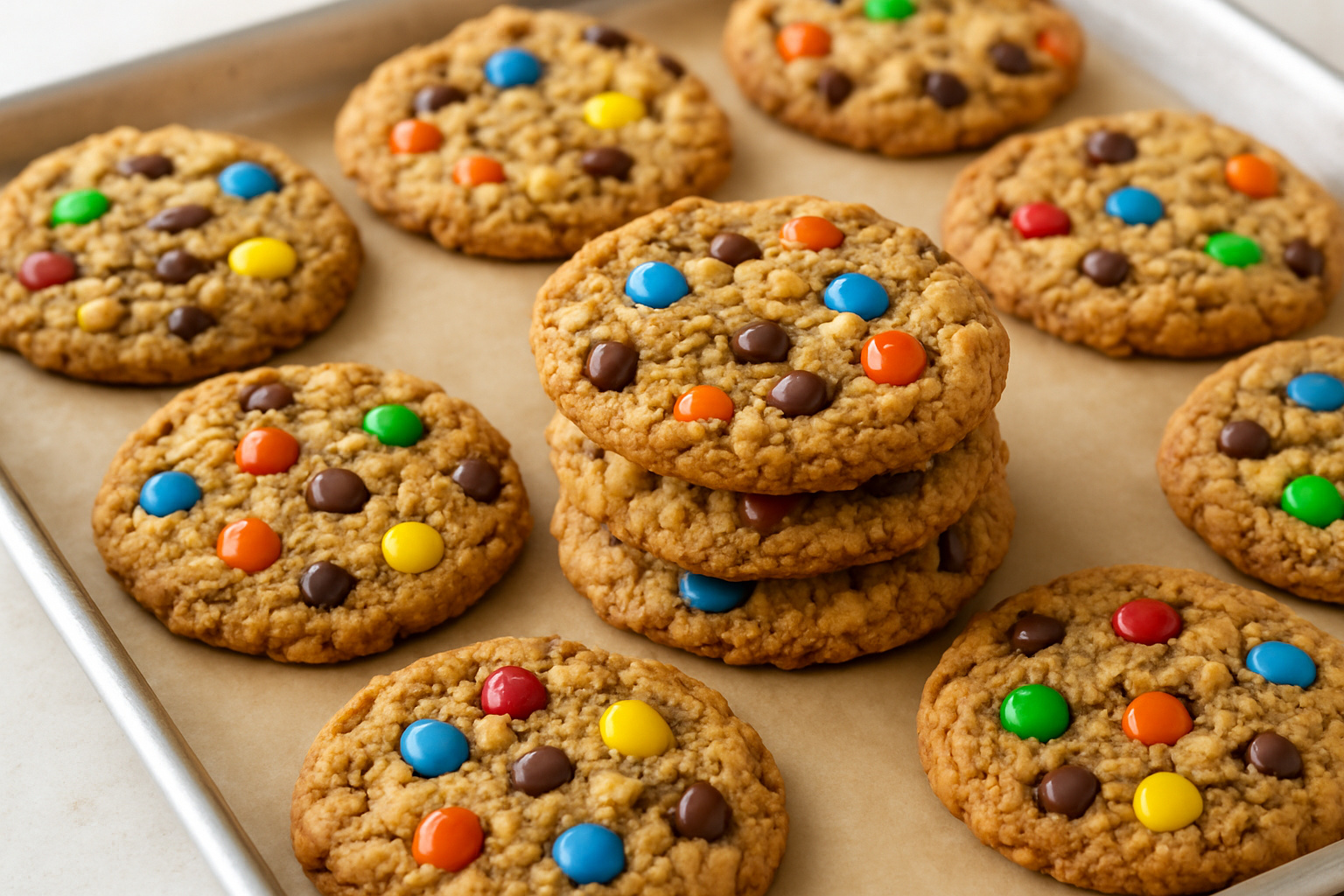 Chewy monster cookies with chocolate chips, M&M's and visible oats on a parchment-lined sheet pan