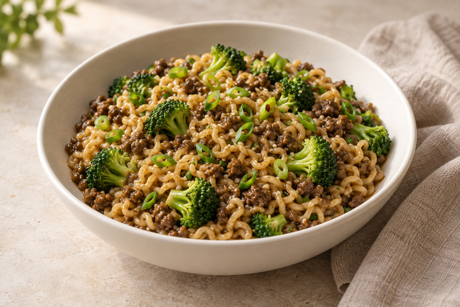 Ginger-sesame beef and broccoli noodles in an ivory bowl.