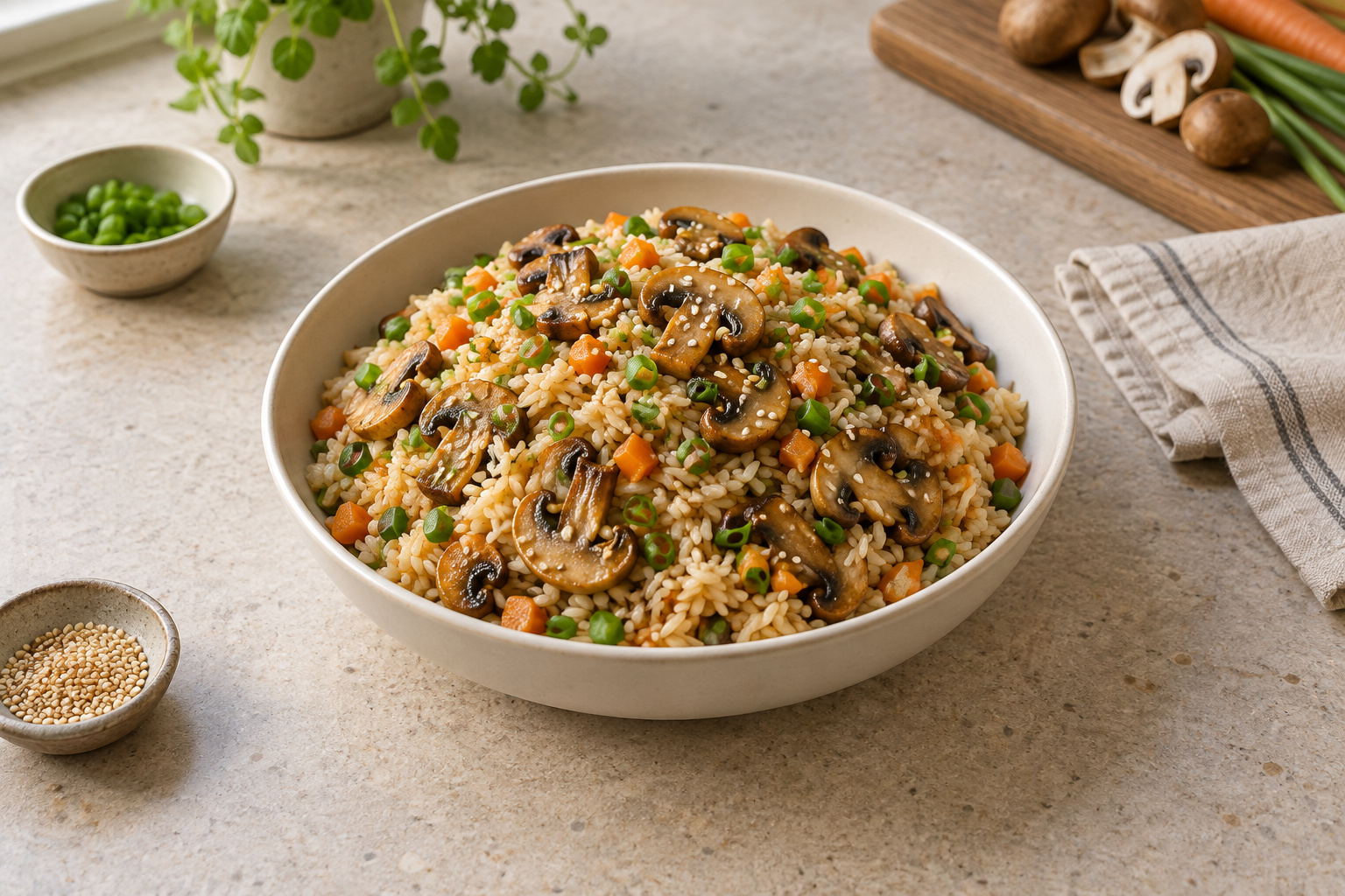 An ivory bowl of fluffy long-grain rice lightly tan from soy, generously mixed with golden sliced cremini mushrooms, tiny orange carrot dice, sliced scallions and toasted sesame seeds. No meat, eggs or peas.
